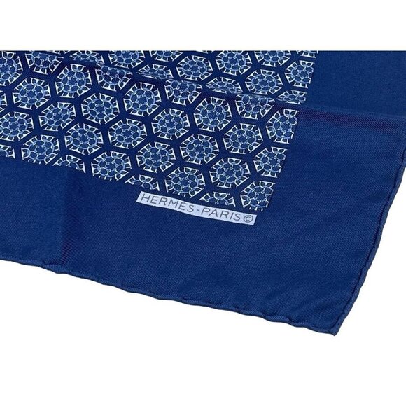 HERMES PARIS Blue Equestrian Horse Bit Pattern 100% Silk Scarf Pocket Square - Picture 2 of 7